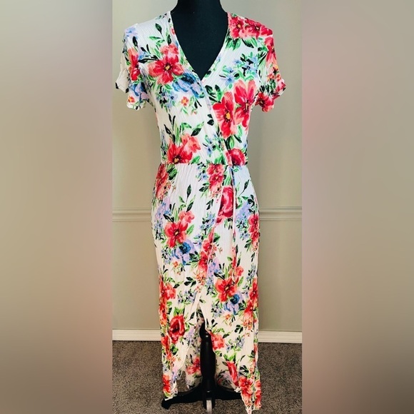 WOMEN’S White Floral V Neck Faux Wrap Midi Dress Size L - Picture 3 of 11